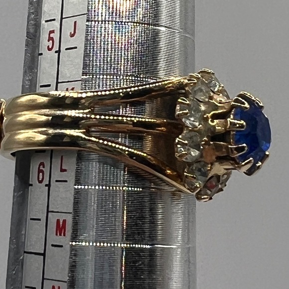 Gold Tone Blue Crystal Halo Ring Adjustable Size 6.5 -7 September birthstone - Picture 4 of 5